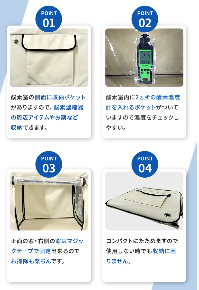 NEVOTONオキシボックスの便利な4つのポイント。収納ポケット、酸素濃度計用ポケット、マジックテープ固定、コンパクト折り畳み
