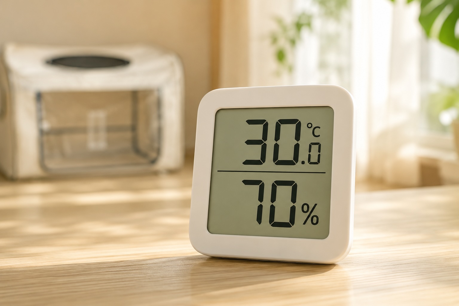 リビングの温湿度計が「気温30℃・湿度70%」を示し、背景にオキシボックスが見える夏の室内