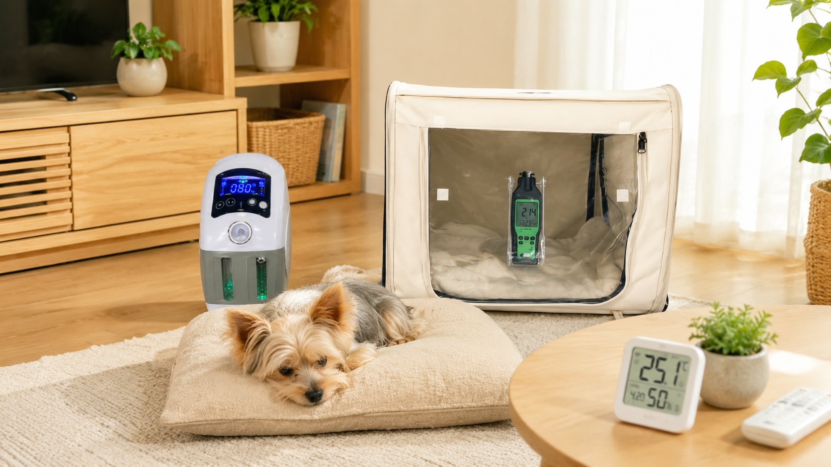 リビングでくつろぐ小型のシニア犬と、酸素発生器・酸素室・温度計が並ぶ在宅ケアの様子