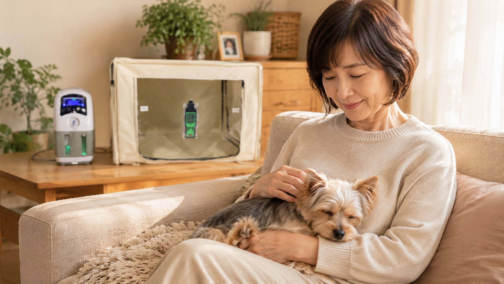 リビングのソファで飼い主の膝で穏やかに眠るシニアのヨークシャーテリア