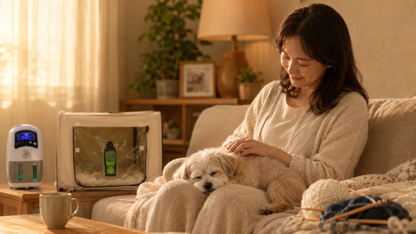 リビングのソファで飼い主の膝に穏やかに眠る小型犬と、3点セット