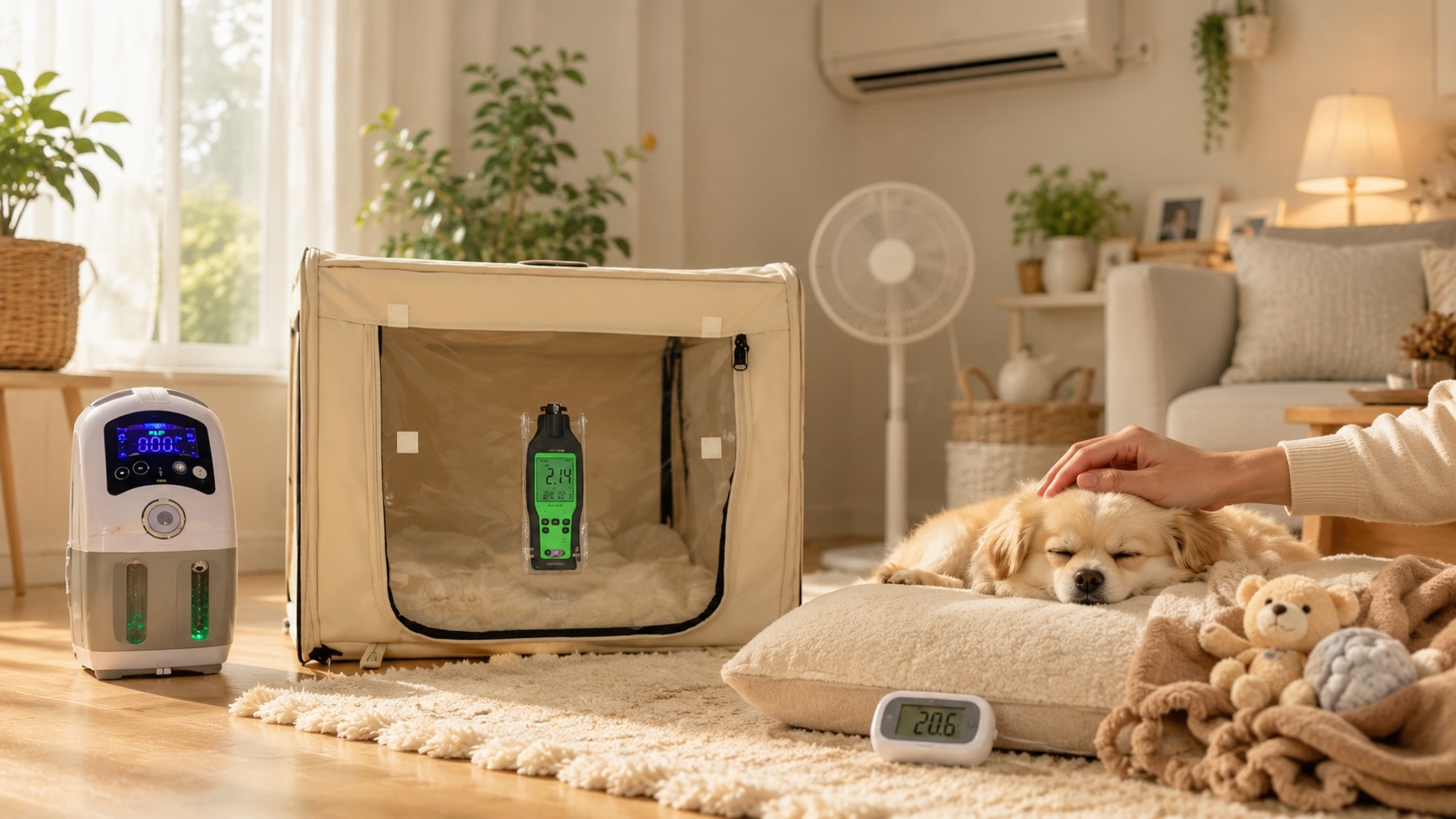 ペット用クッションでリラックスする小型犬と、温度計、酸素発生器・酸素室・酸素濃度計の3点セット