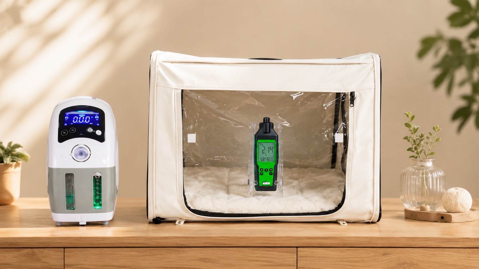 ナチュラルウッドのテーブルに並べられたMAFmini・オキシボックス・OXYONEの3点セット