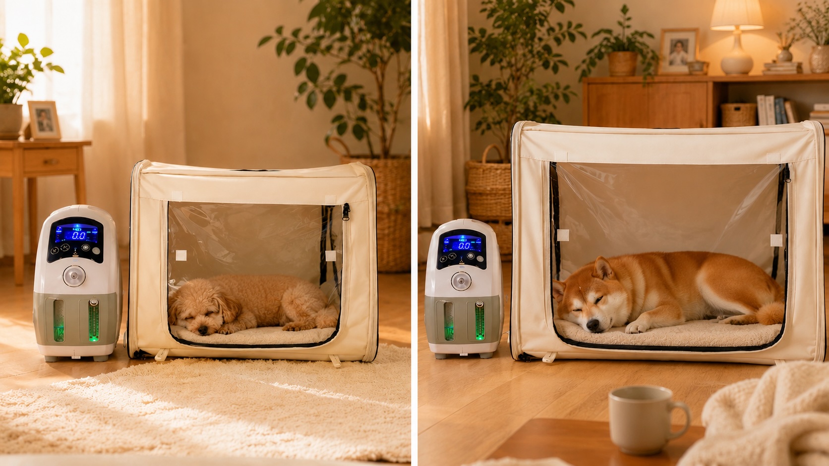 オキシボックスSサイズの中の小型犬とMサイズの中の中型犬、それぞれの使用シーン