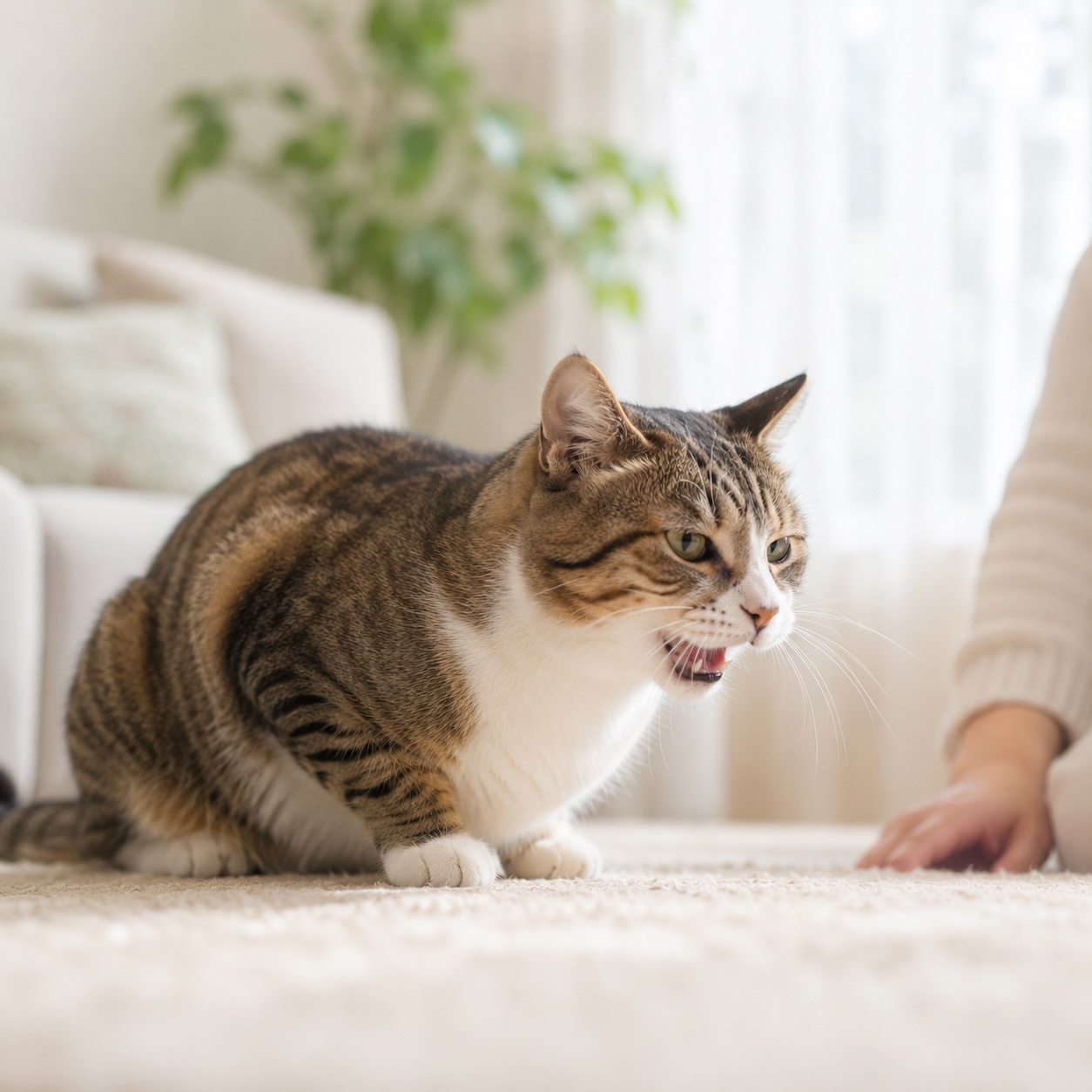 体をかがめて咳をするキジトラ猫と見守る飼い主の手