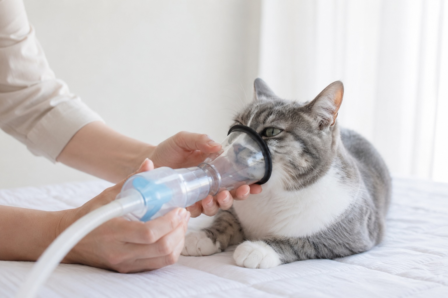 ネブライザーの吸入マスクをあてられて吼入治療を受ける猫