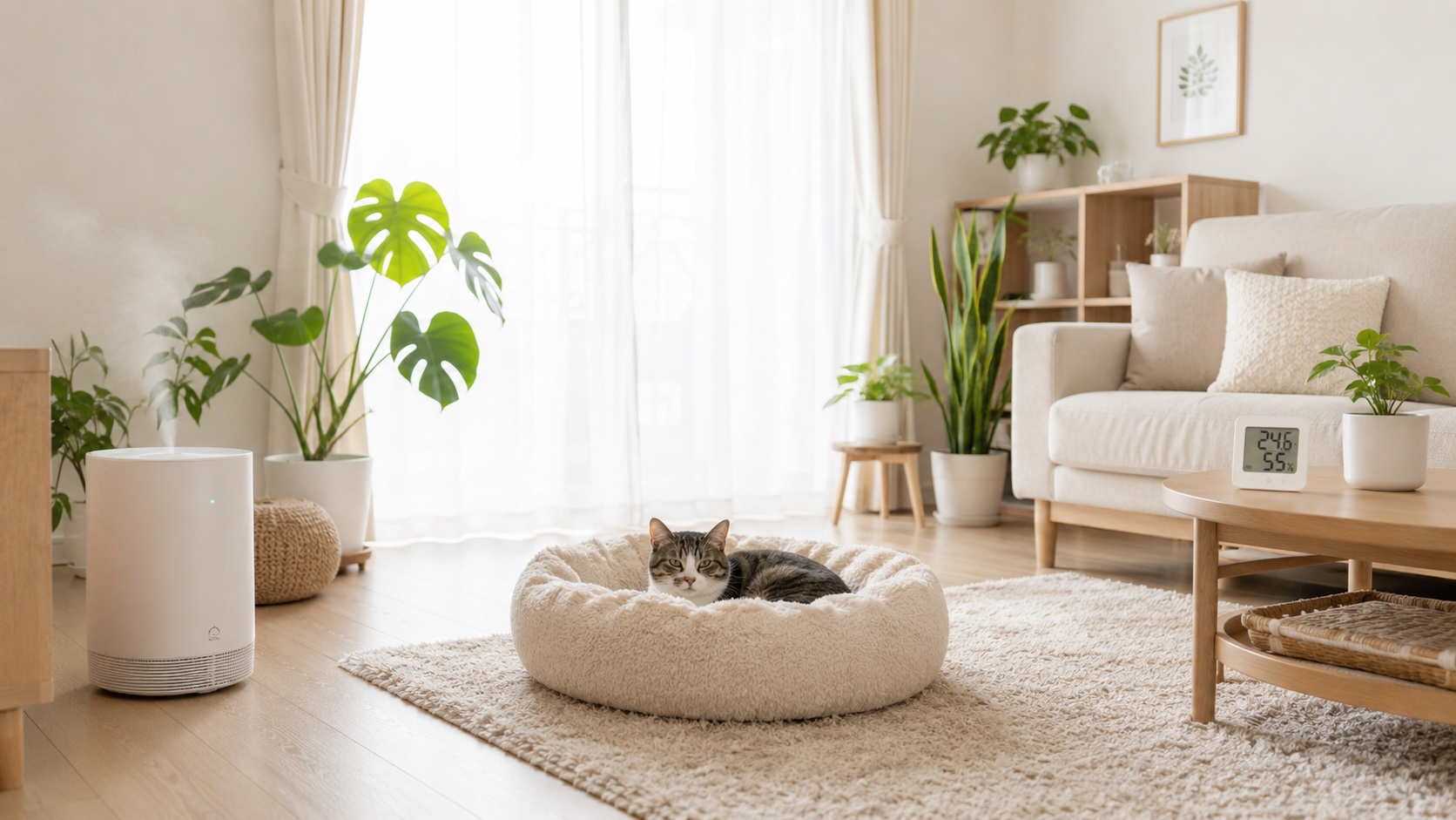 加湿器と温湿度計のある清潔なリビングでキャットベッドに休む猫