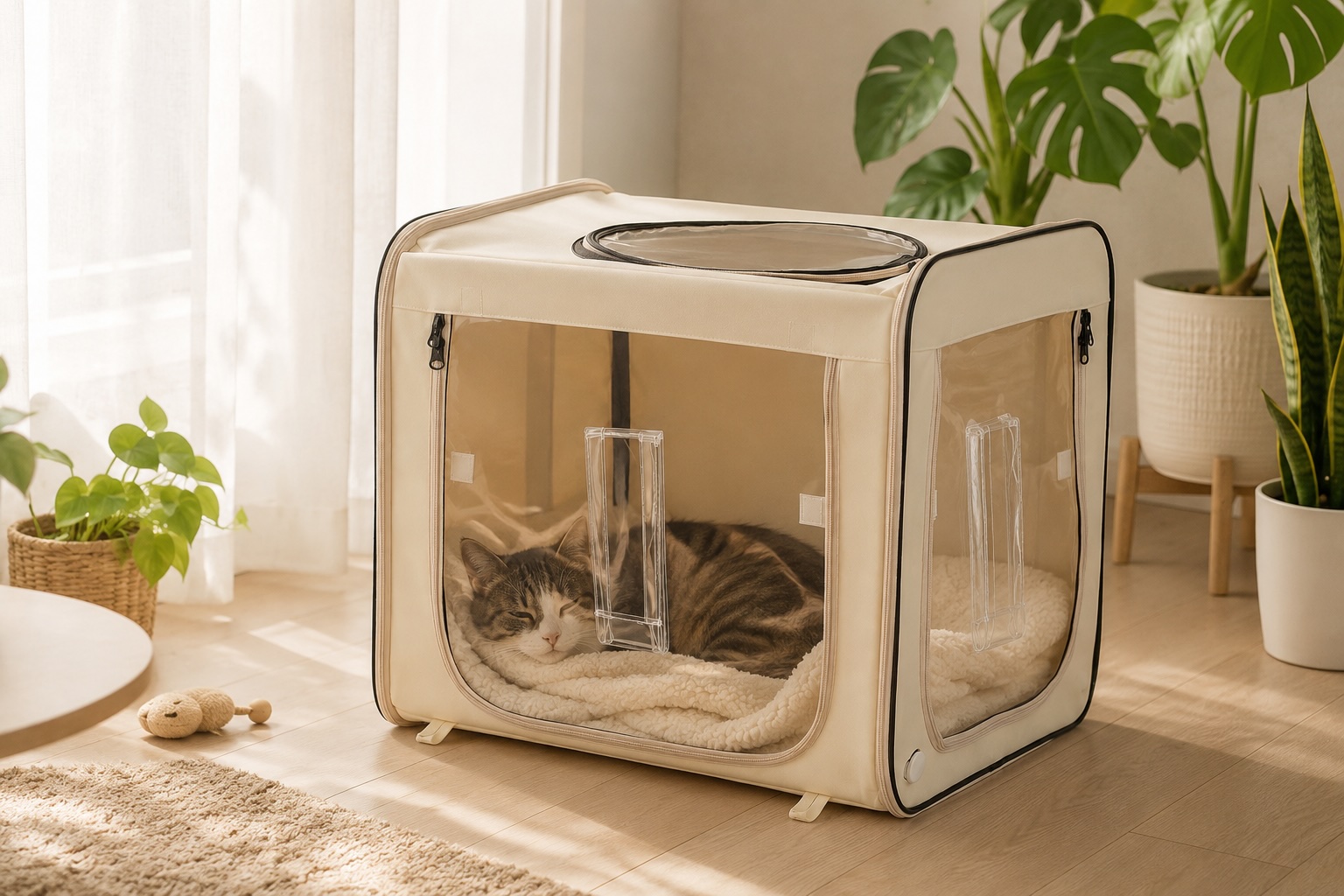 オキシボックスの中で毛布に乗って眠るキジトラ猫