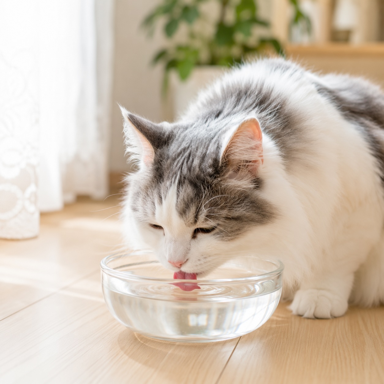 ガラスのお皿で水を飲む白とグレーの長毛猫、CKD初期サインの多飲多尿
