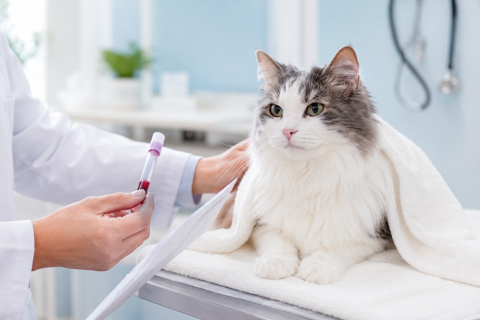 動物病院で血液検査を受ける長毛猫、CKD診断のシーン