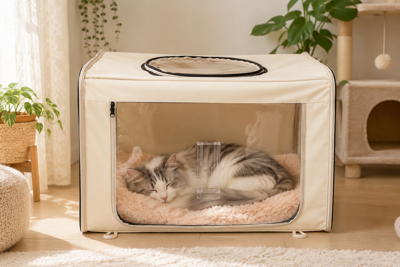 オキシボックスの中でブランケットに丸まって眠る長毛猫