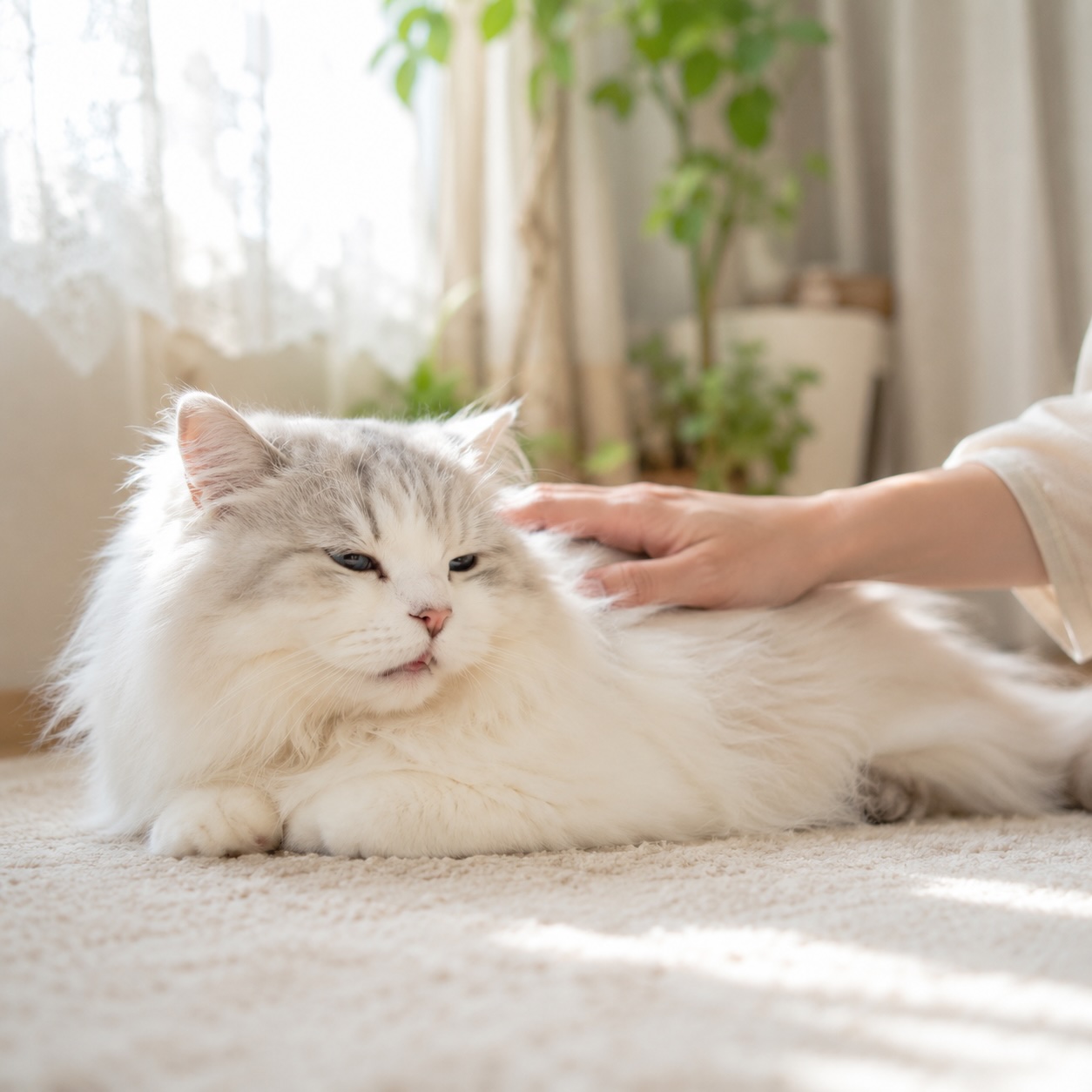 白い長毛猫と飼い主の手、体調を見守る愛情あふれるシーン