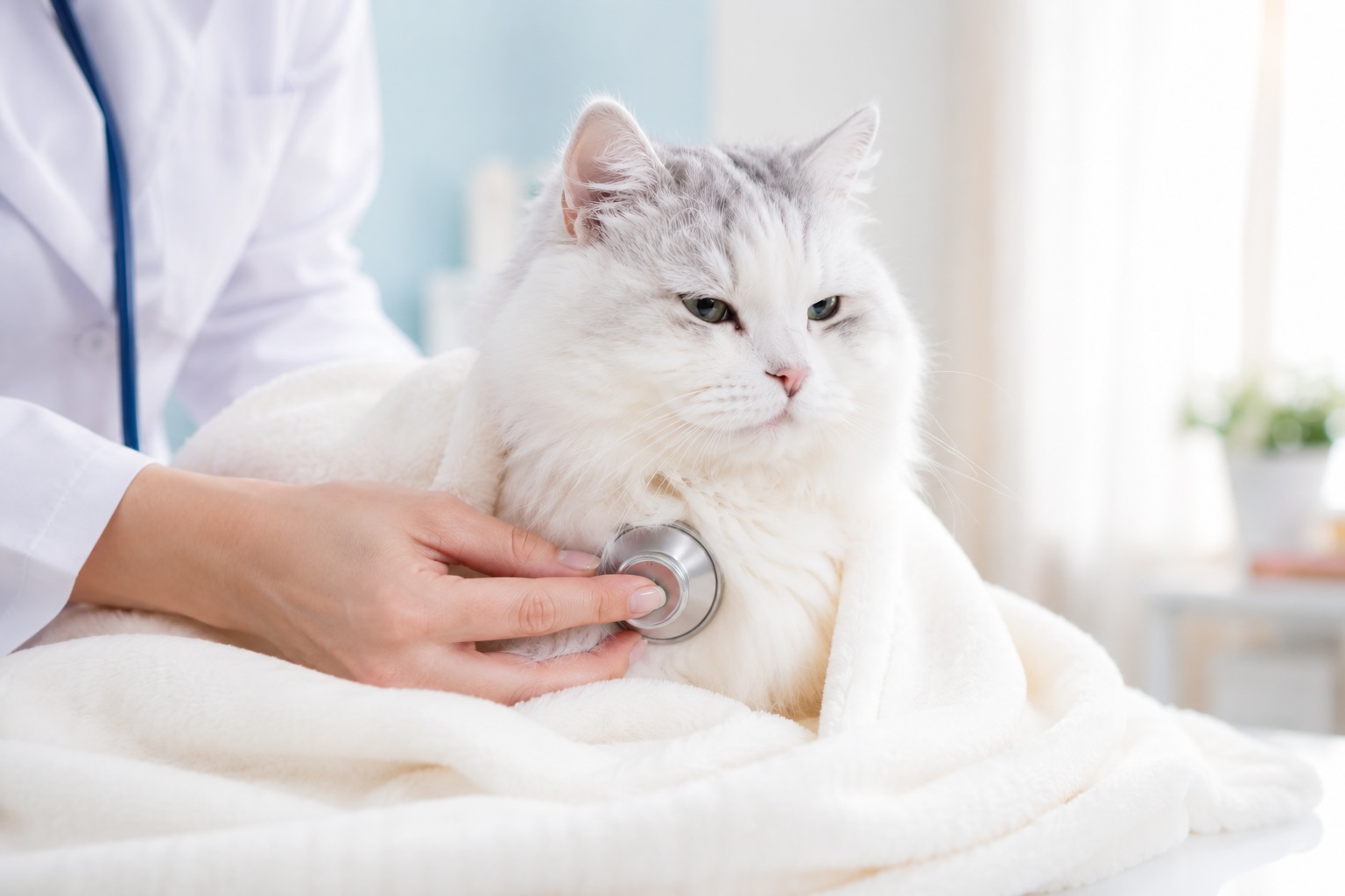 白衣の獣医師が猫の胸に聴診器を当てて心音を確認している診察シーン
