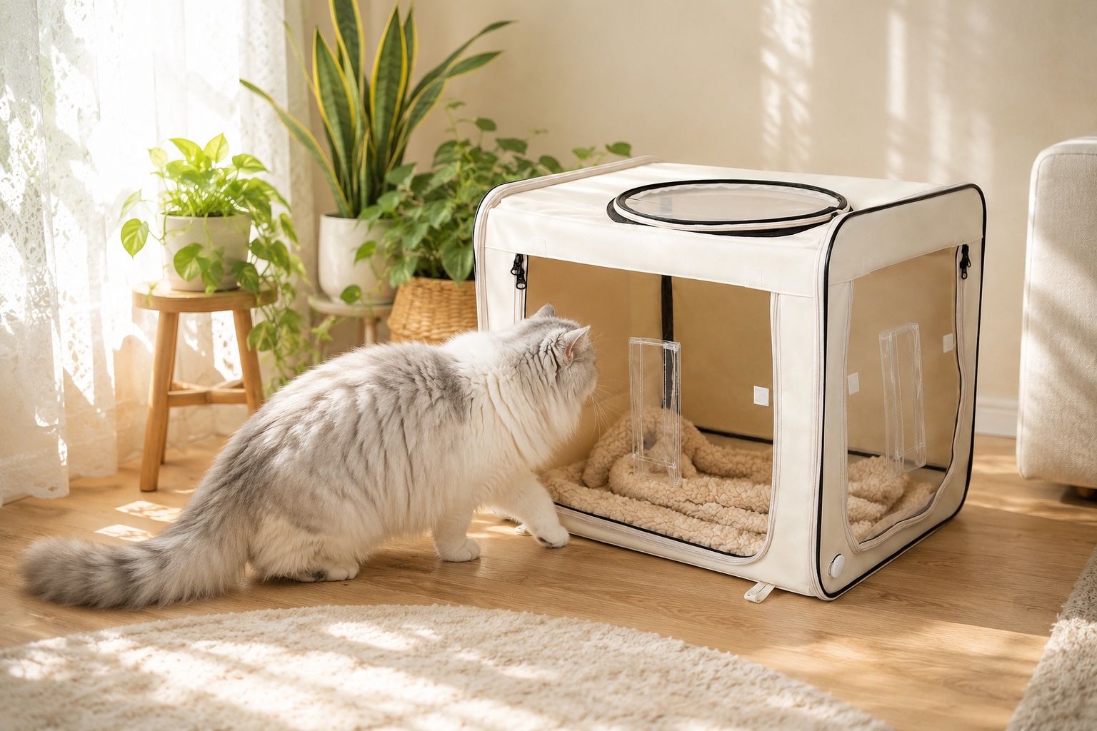 オキシボックスに興味を持って近づく白とグレーの長毛猫