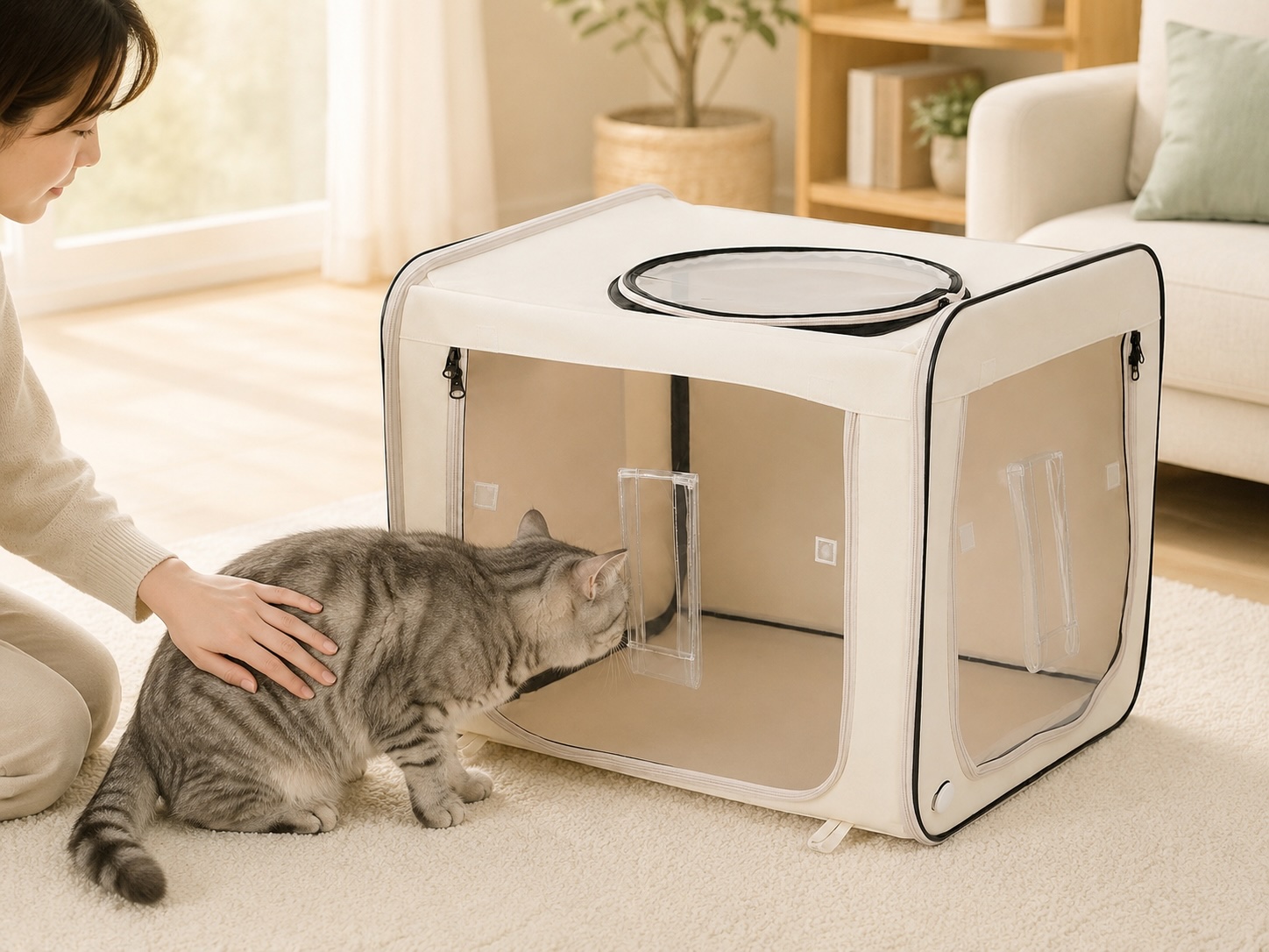 酸素室をのぞきこむ猫とやさしく見守る飼い主の手