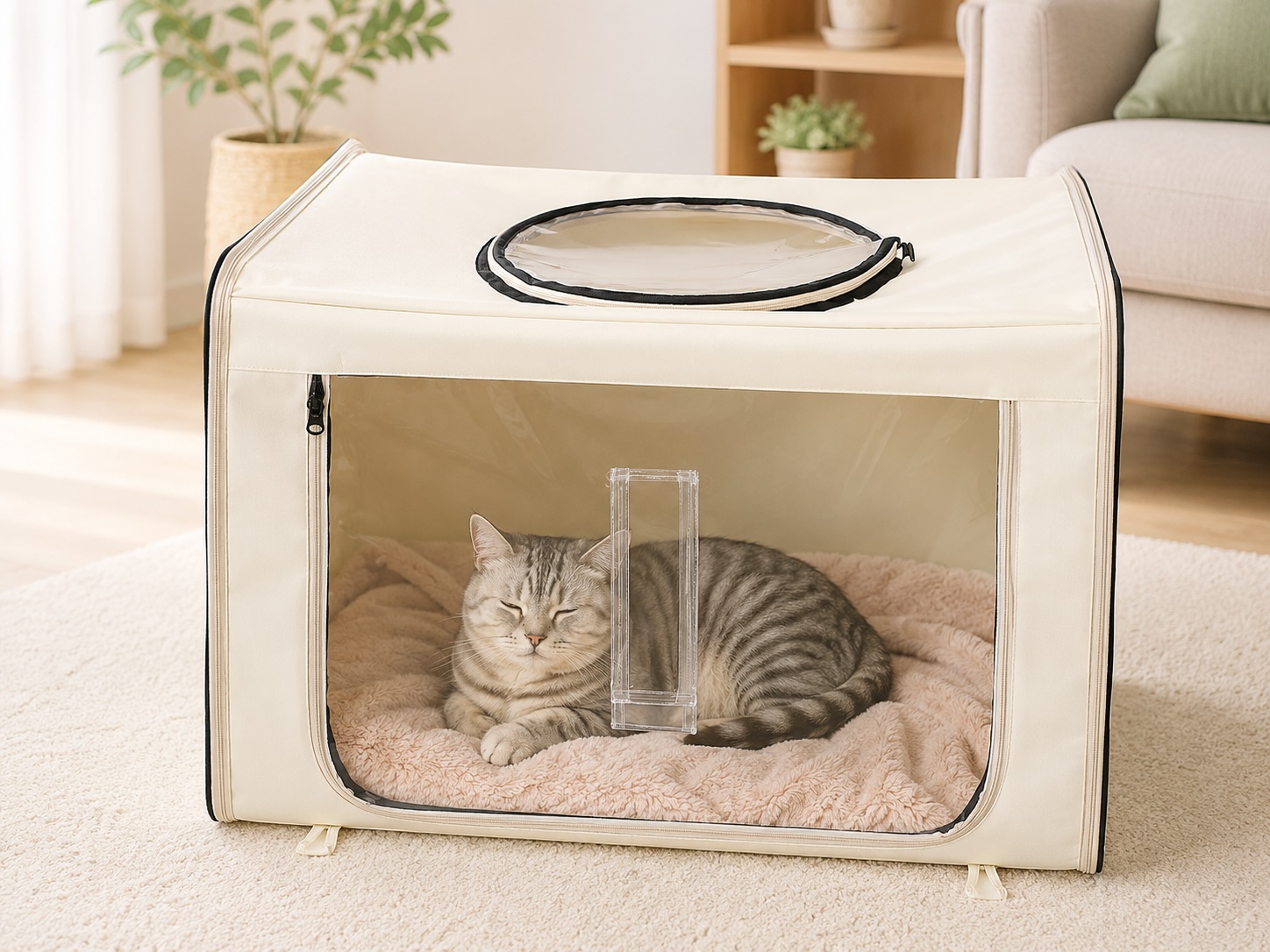酸素室の中で毛布の上くつろぐ猫