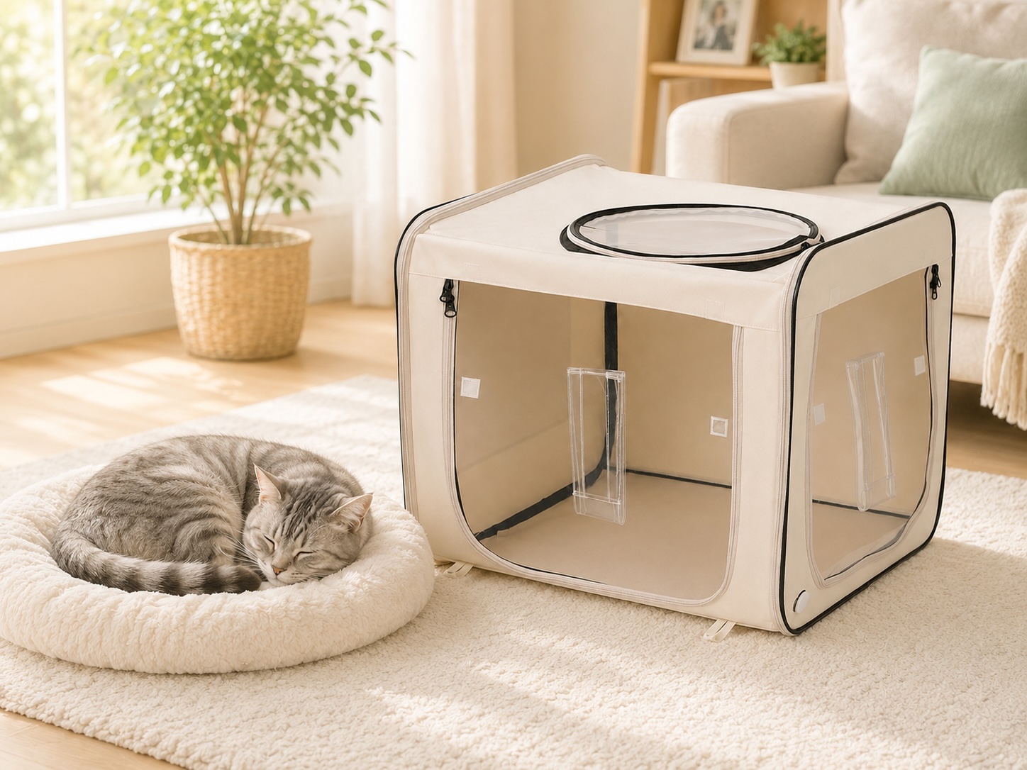 窓辺で酸素室のそばで眠るシニア猫