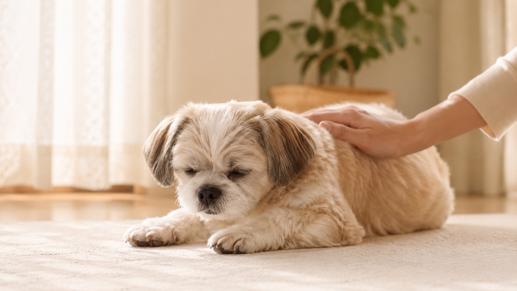 心配そうにシニア犬の様子を見守る飼い主の手