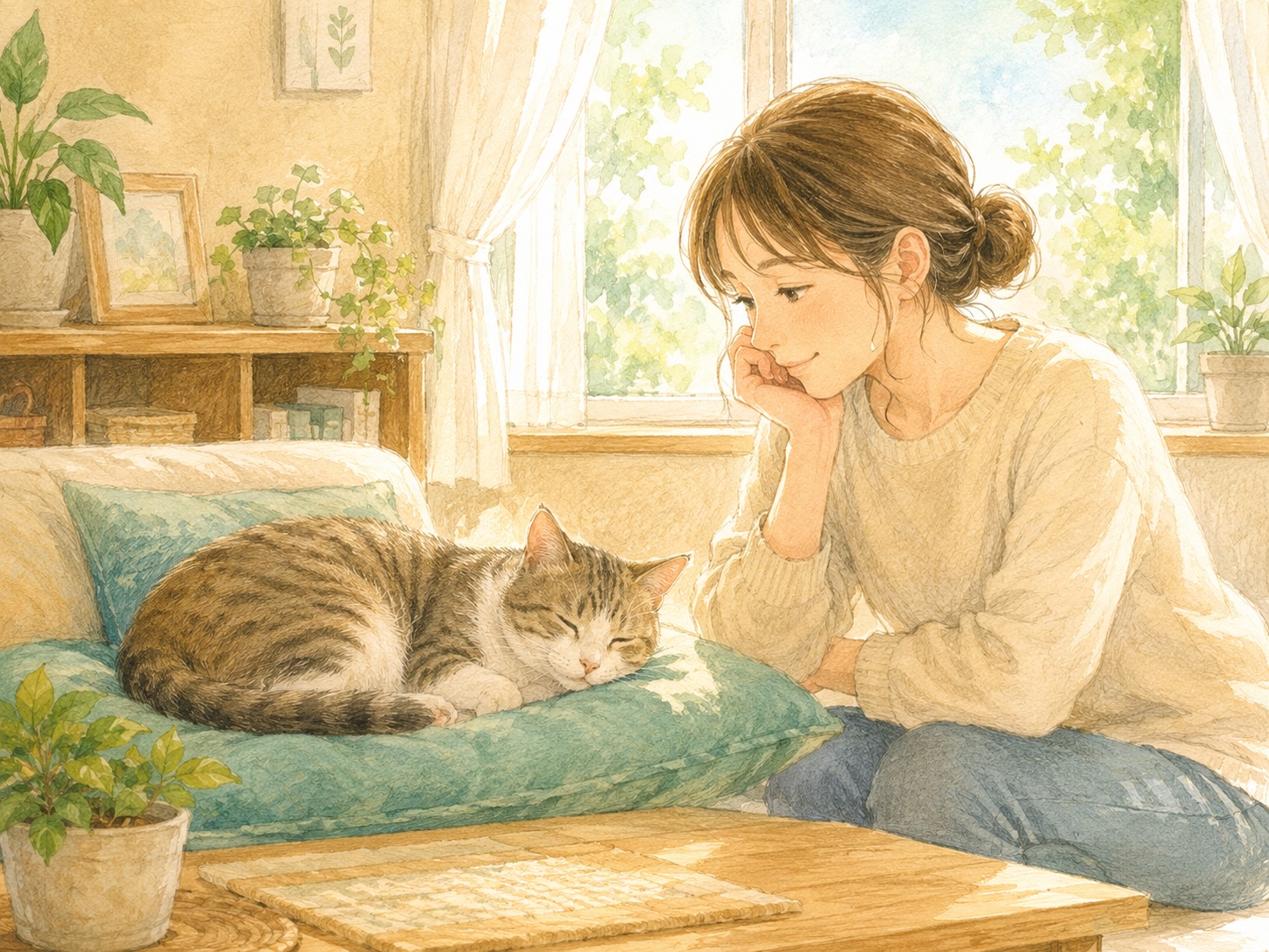 リビングで休む猫をやさしく見守る飼い主