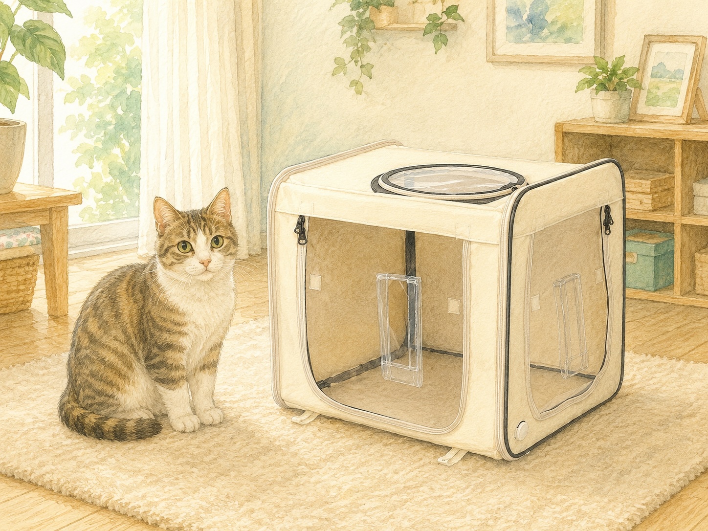 当店の酸素室（オキシボックスS）のそばで落ち着く猫