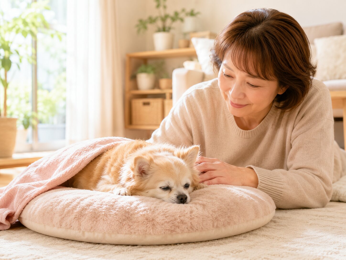 シニア犬をやさしく見守る飼い主