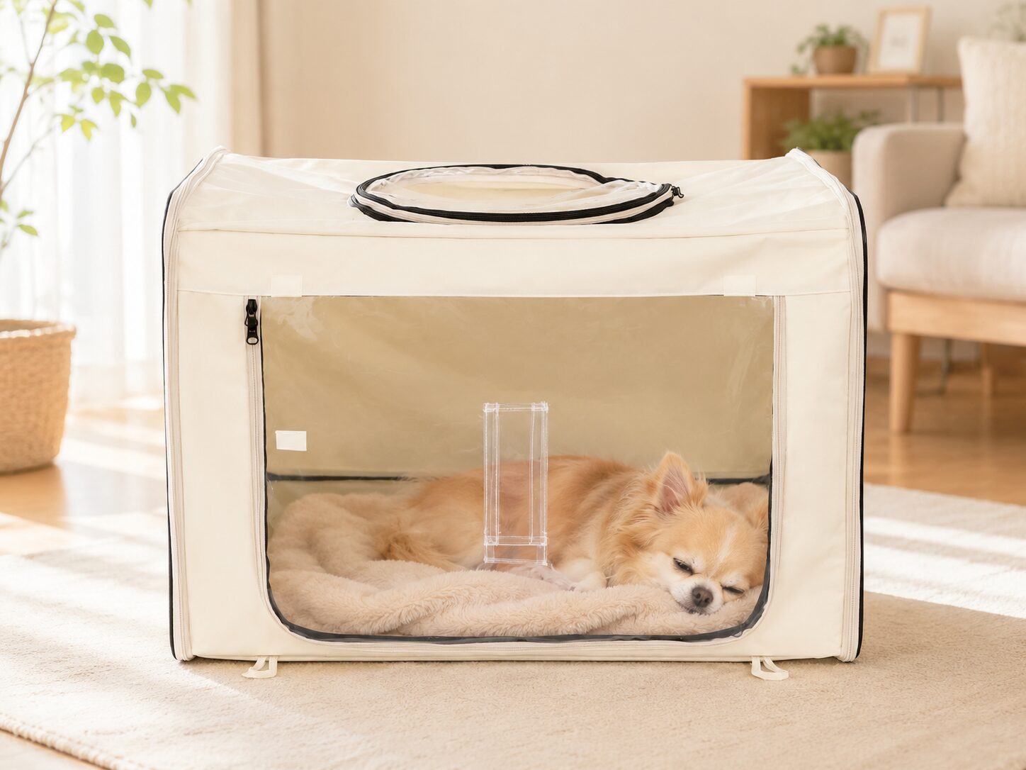 酸素室の中で安心して休むシニア犬