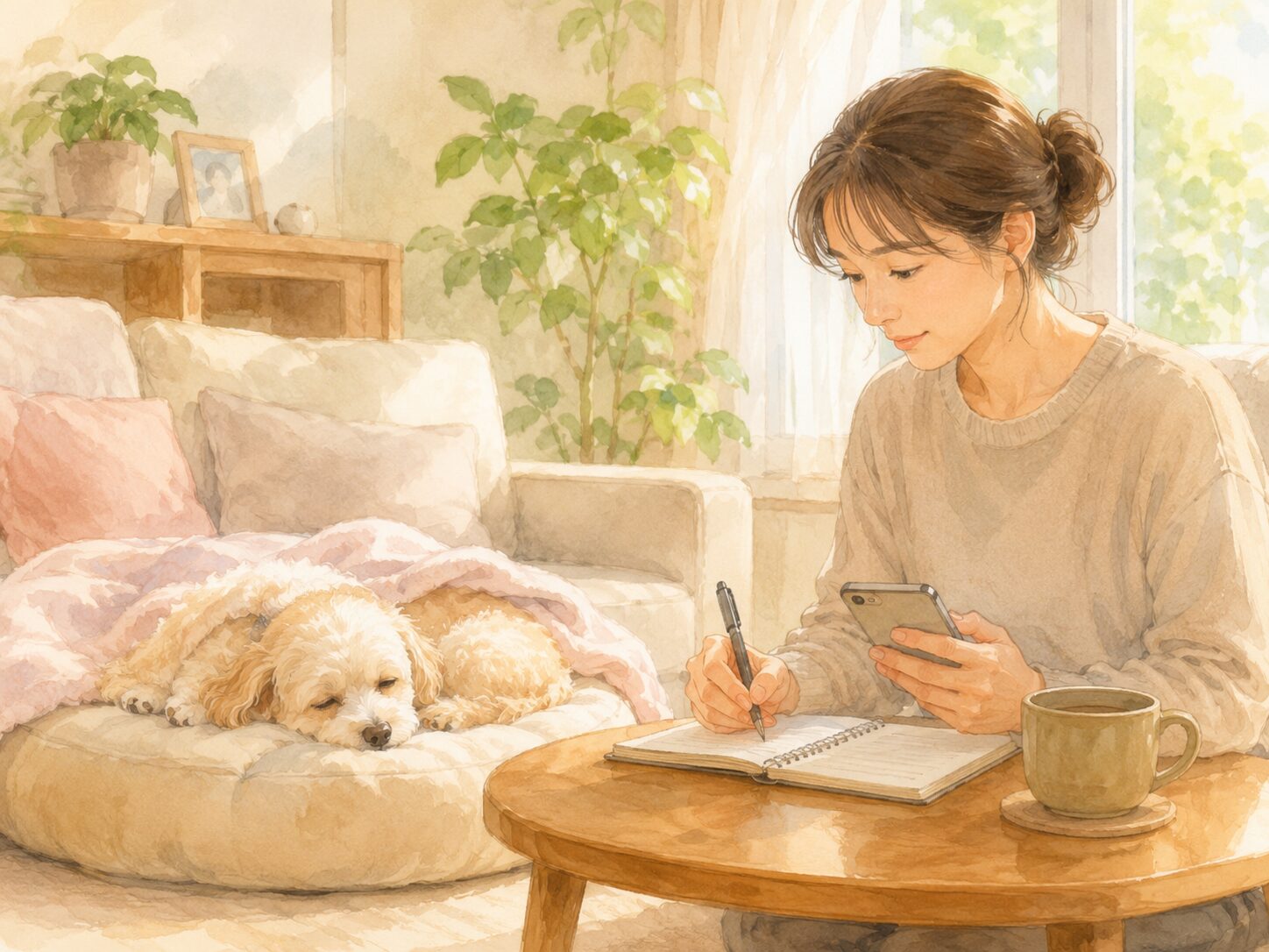 犬のそばで様子を記録する飼い主