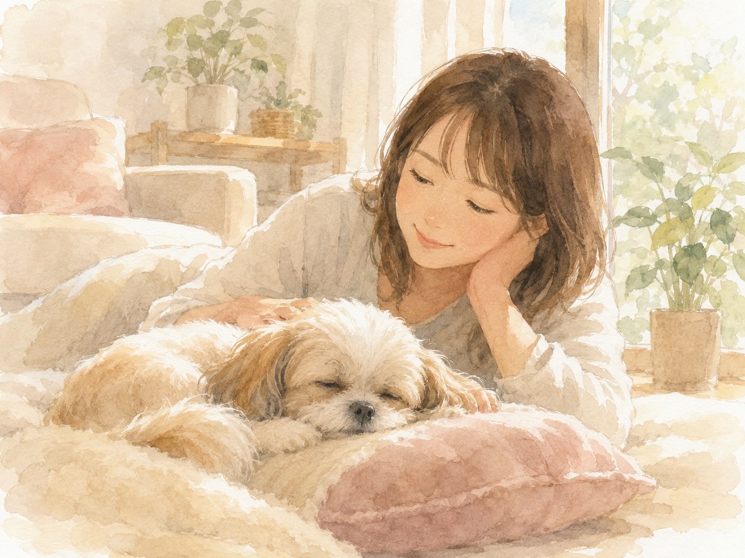 自宅で穏やかに過ごす犬とやさしく見守る飼い主