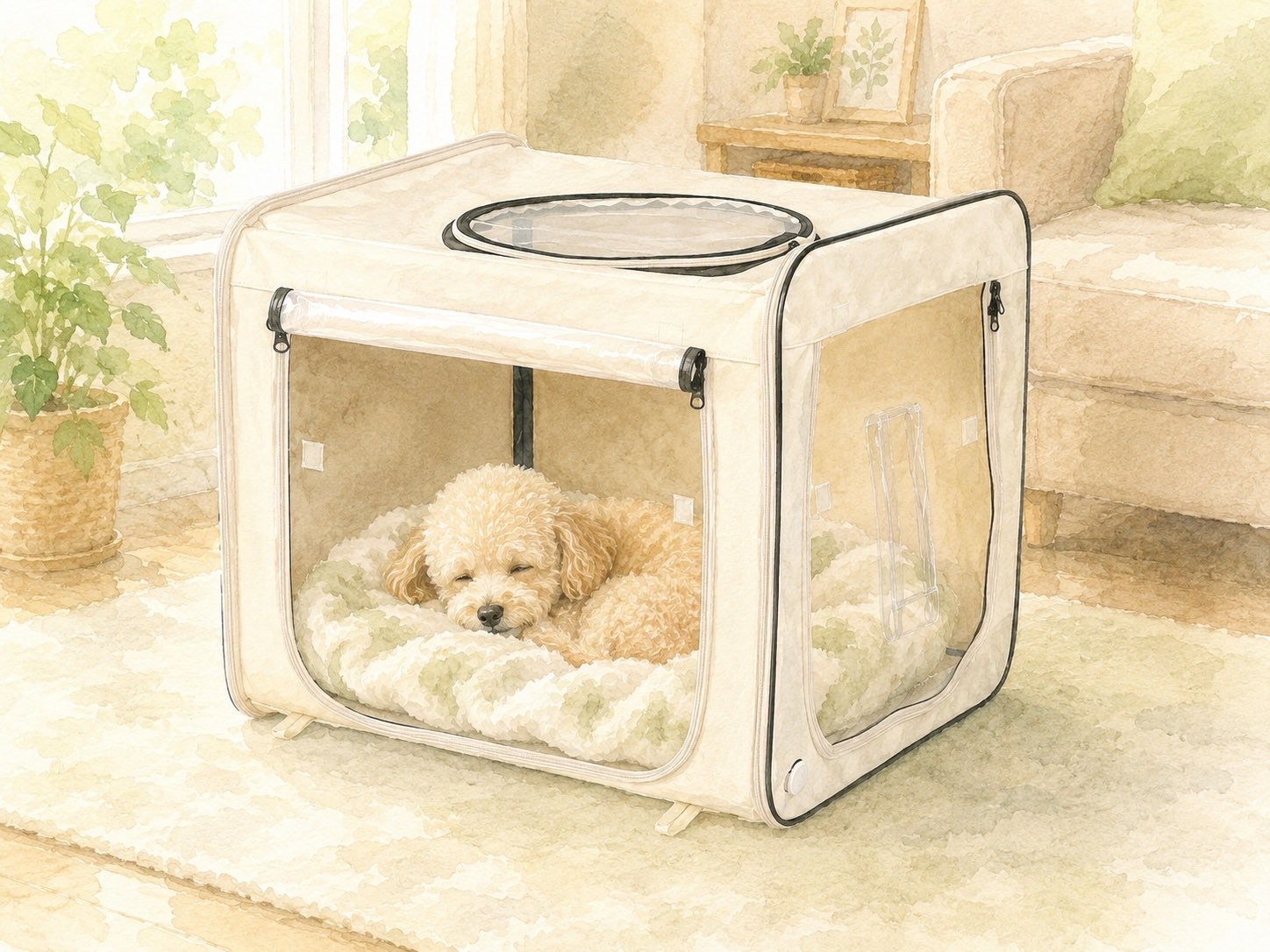 慣れたあと、お気に入りの毛布を敷いた酸素室の中で安心して眠る犬