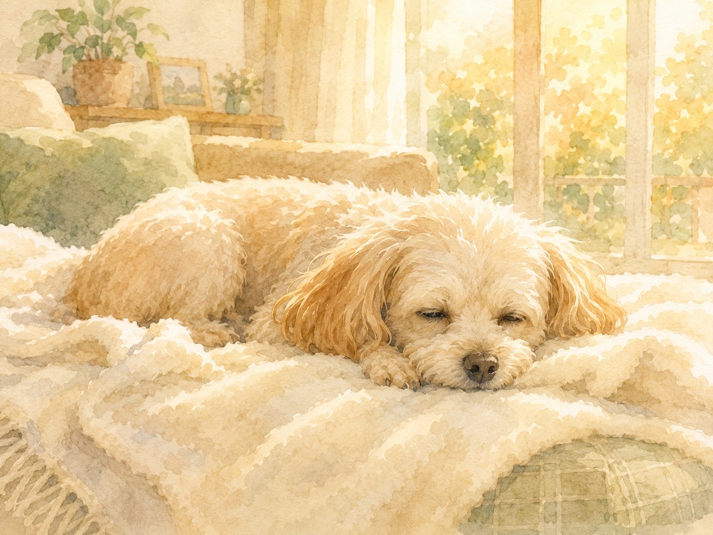 夕方のリビングの毛布の上で穏やかに休む老犬