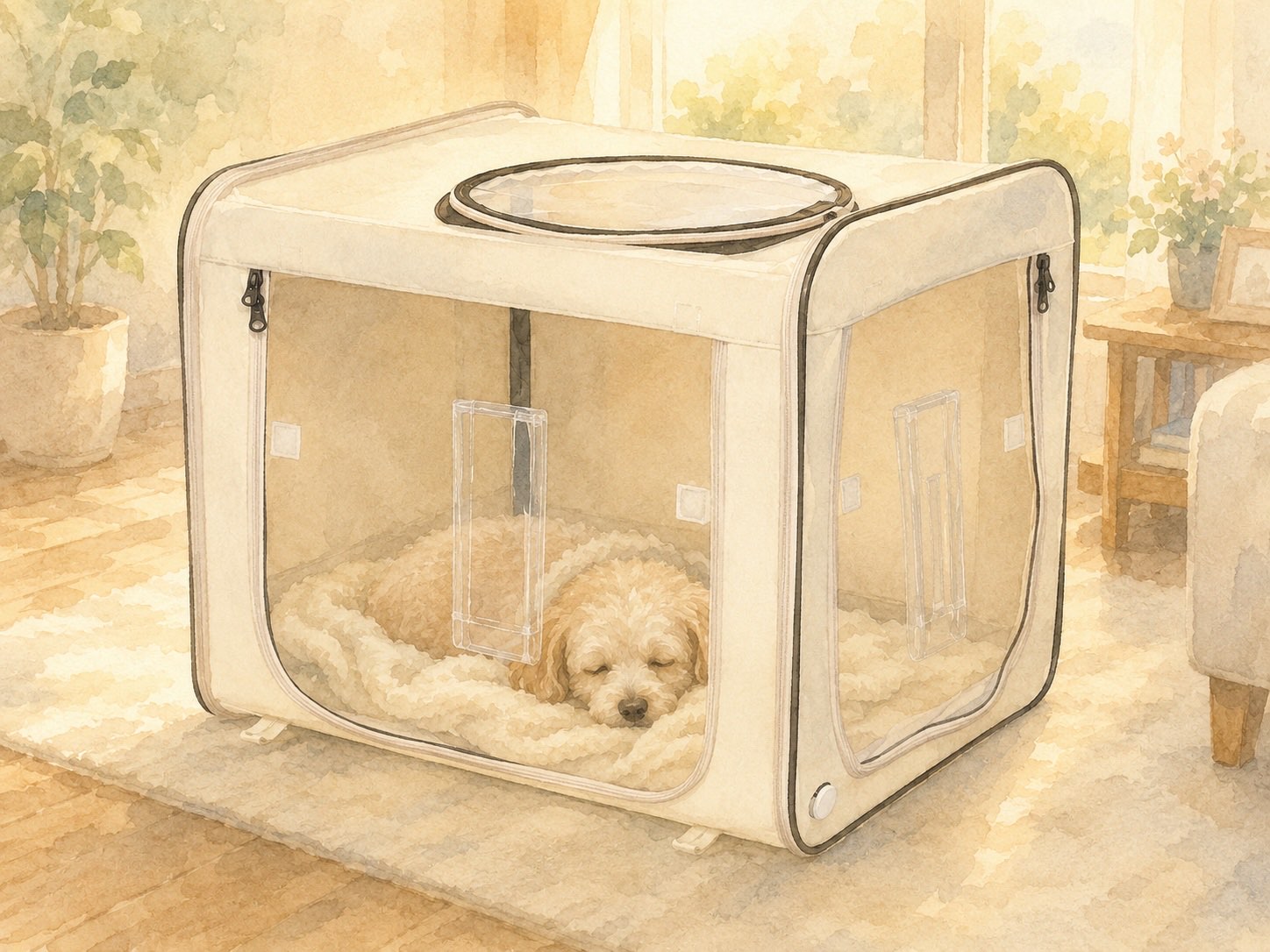 ペット用酸素室の中で毛布にくるまり穏やかに休む犬