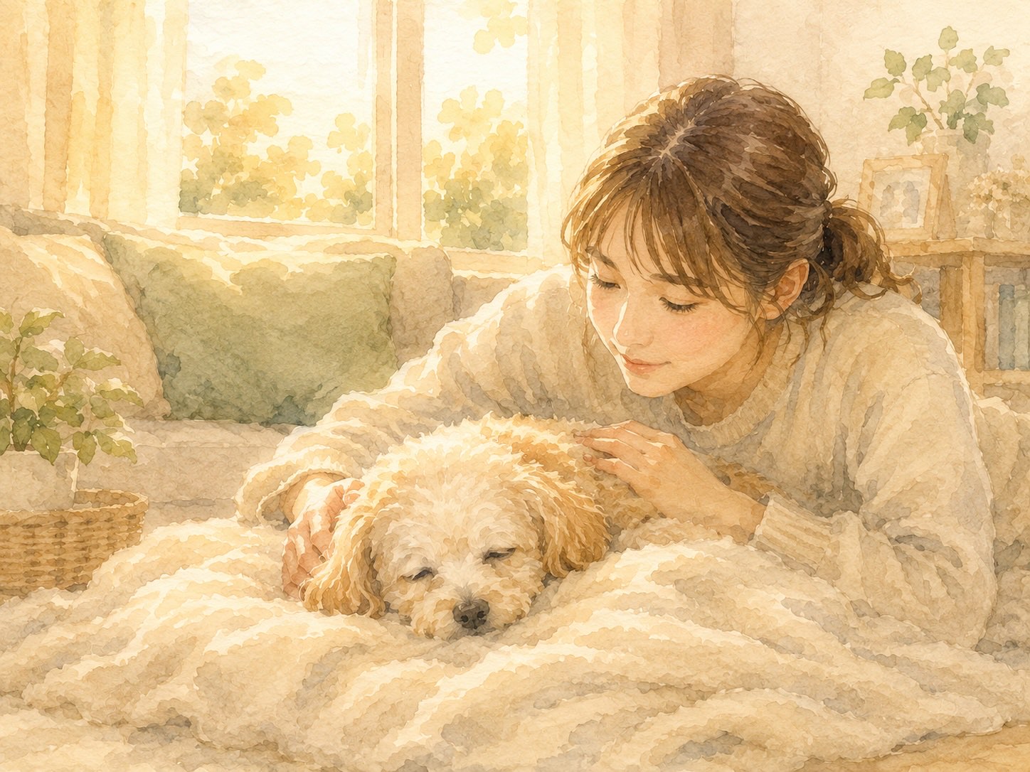 毛布の上で休む犬にそっと寄り添い見守る飼い主