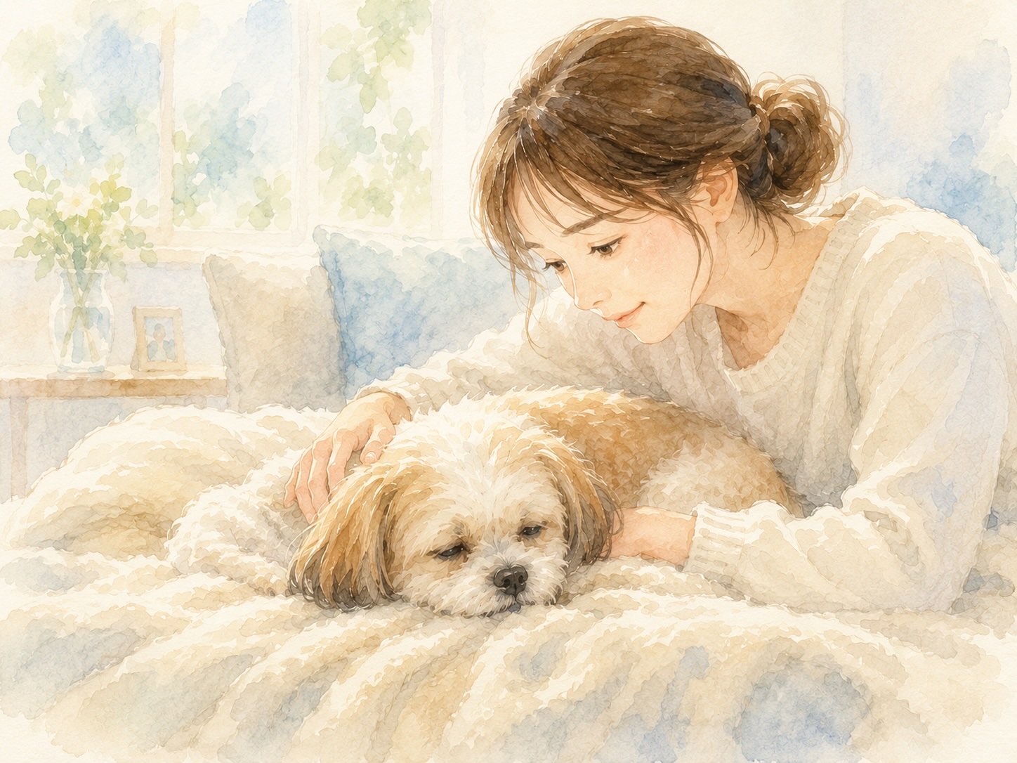 毛布の上で静かに休む犬に、そっと寄り添う飼い主