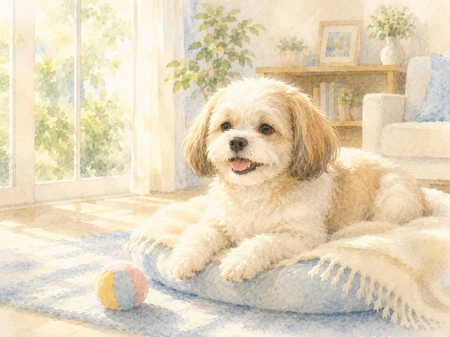 窓辺のやわらかい光の中、元気を取り戻して穏やかに過ごす犬