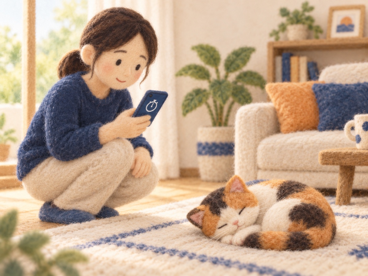 眠っている三毛猫のそばで、スマートフォンのストップウォッチを見ながら胸の上下を数える飼い主