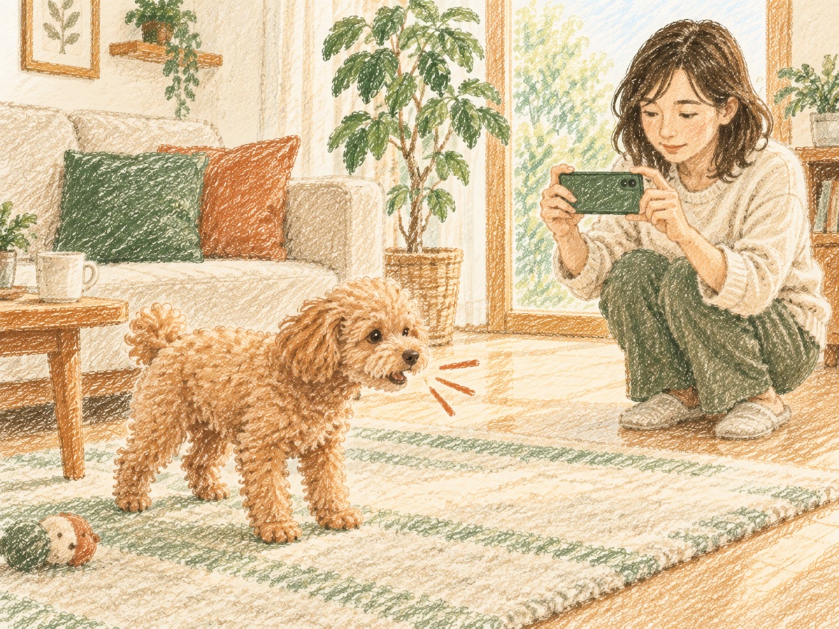 咳をしたトイプードルを、飼い主がしゃがんでスマートフォンで動画に撮っている