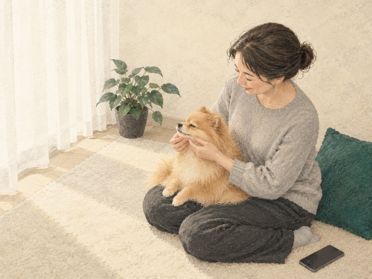 明るい場所で、愛犬の口元をやさしく確かめる飼い主（舌・歯ぐきの色の見方）