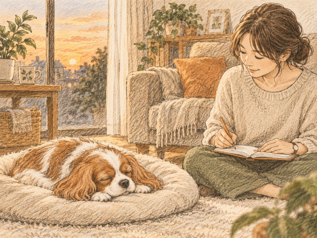 退院した日の夕方、眠るキャバリアのそばで手帳に呼吸数を書き込む飼い主