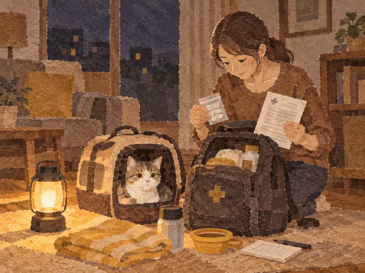 停電した夜のリビングで、キャリーに入った猫のそばで持ち出し袋の薬と診療記録を確認する飼い主