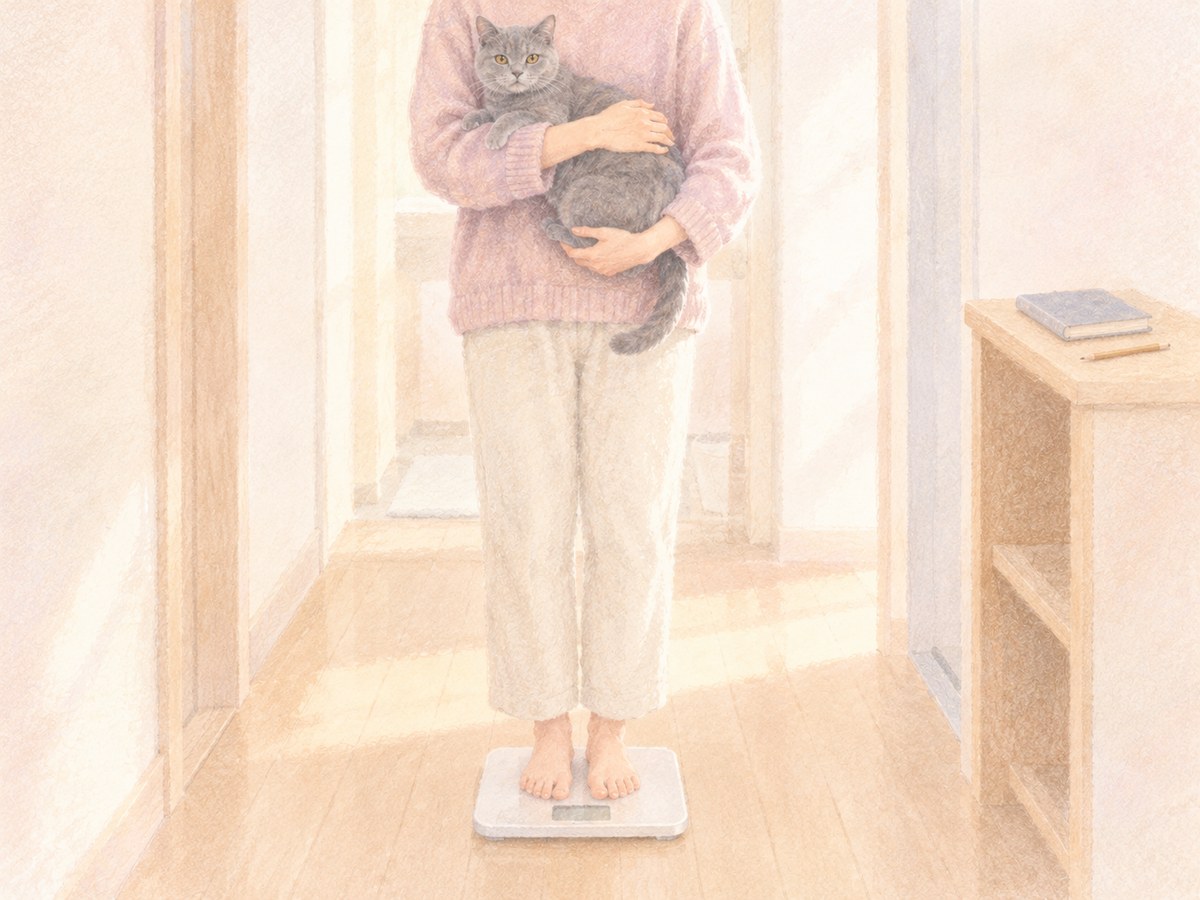 愛猫を抱いて体重計にのる飼い主(猫の腹水・家での体重の記録)