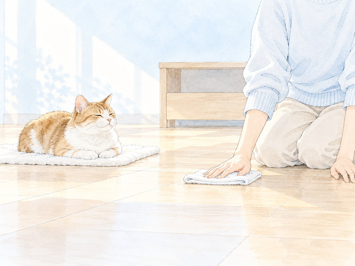 床をこまめにふく飼い主と、そばでくつろぐ愛猫(猫の喘息・家でできること)