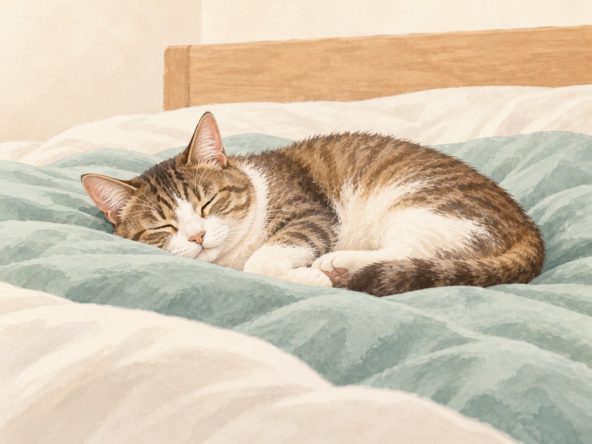 朝、ベッドの隣で眠る猫。おなかの動きを見ながら、呼吸の回数を数える（猫の肥大型心筋症・眠っているときの呼吸数）