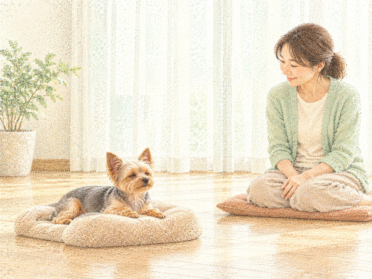 段差のあるクッションに胸と前足をのせて休む愛犬と、少し離れて見守る飼い主（犬の腹水・楽な姿勢）