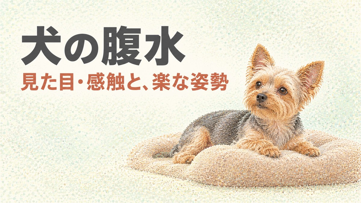犬の腹水｜見た目・感触と、楽な姿勢（段差のあるクッションに胸をのせて休むヨークシャー・テリアの点描画）