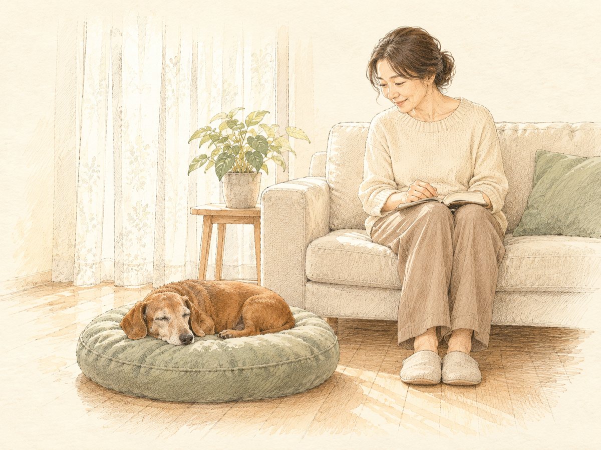 静かなリビングで、クッションで眠る愛犬と、そばで見守る飼い主(犬の肺がん・家での過ごし方)