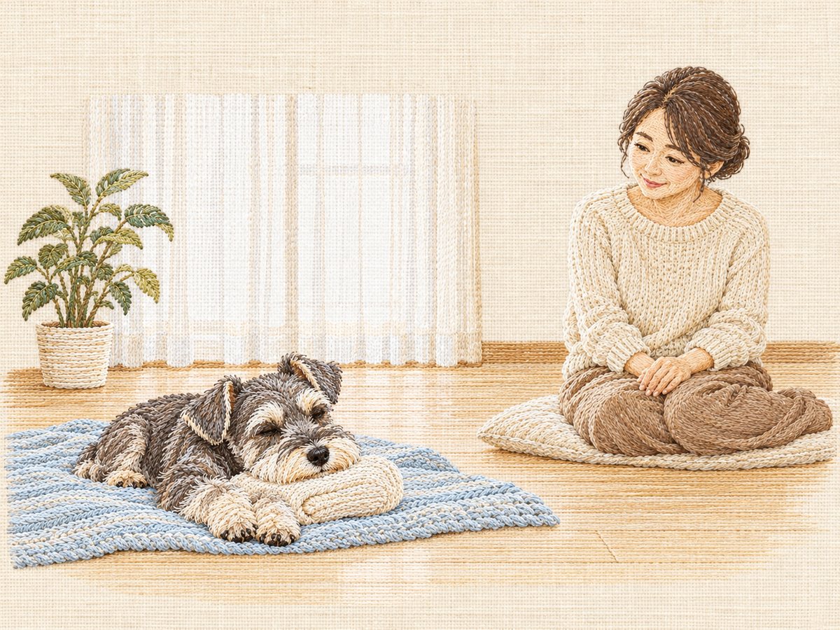 伏せて、あごを丸めたタオルにのせて休む愛犬と、少し離れて見守る飼い主（犬の胸水・楽な姿勢）