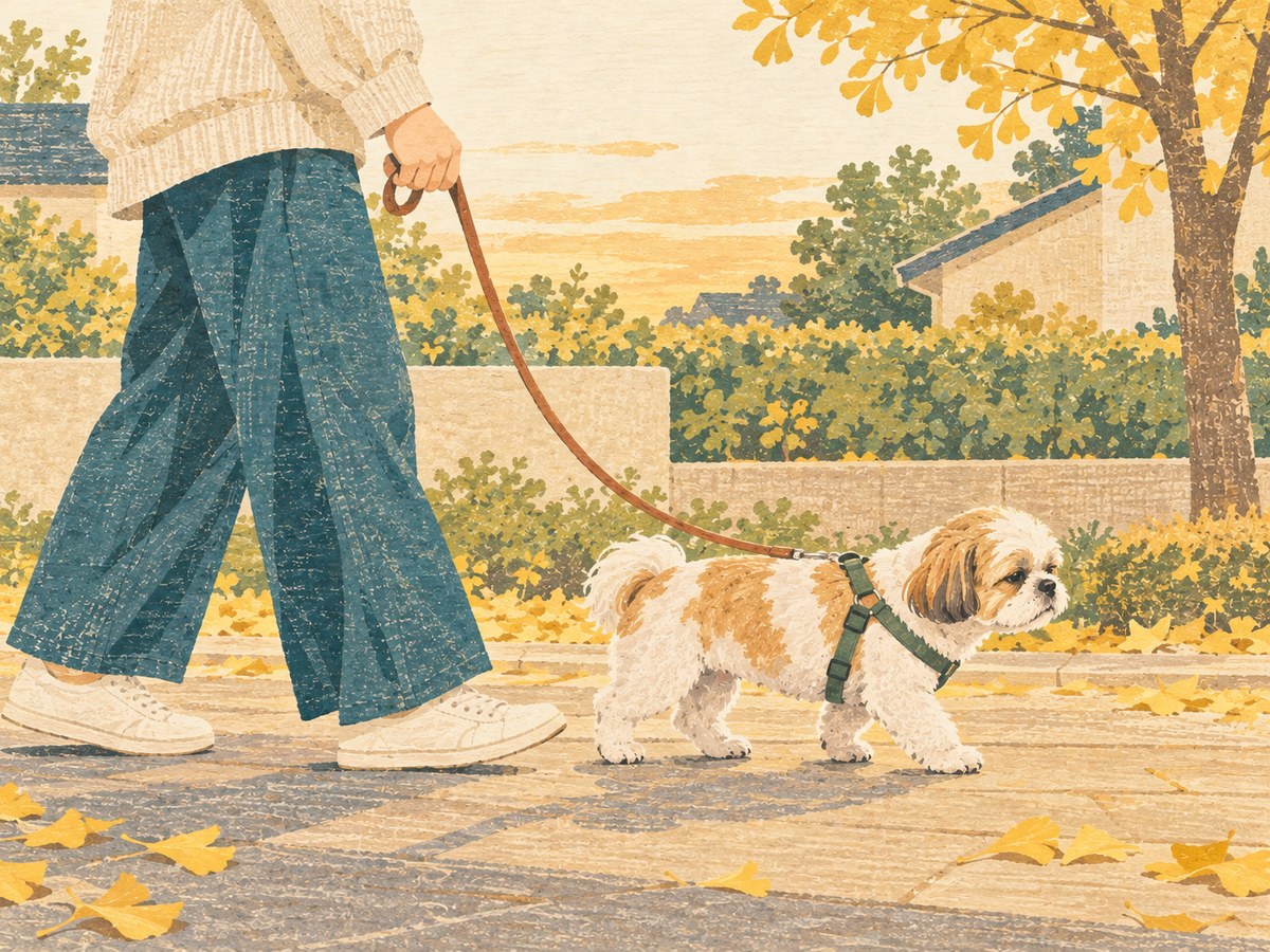 愛犬の歩く速さに合わせて、ゆっくり散歩する飼い主(犬の肺高血圧症・家での過ごし方)