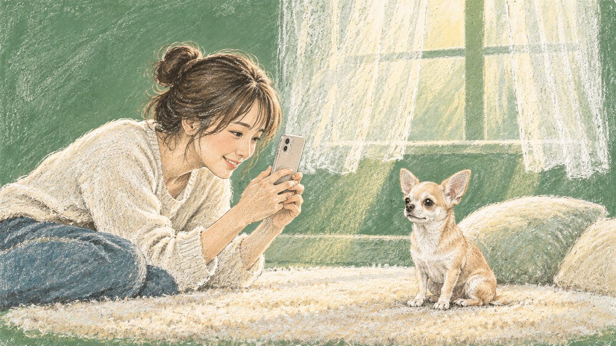 落ち着いている愛犬を、スマートフォンで撮る飼い主（逆くしゃみの動画の撮り方）